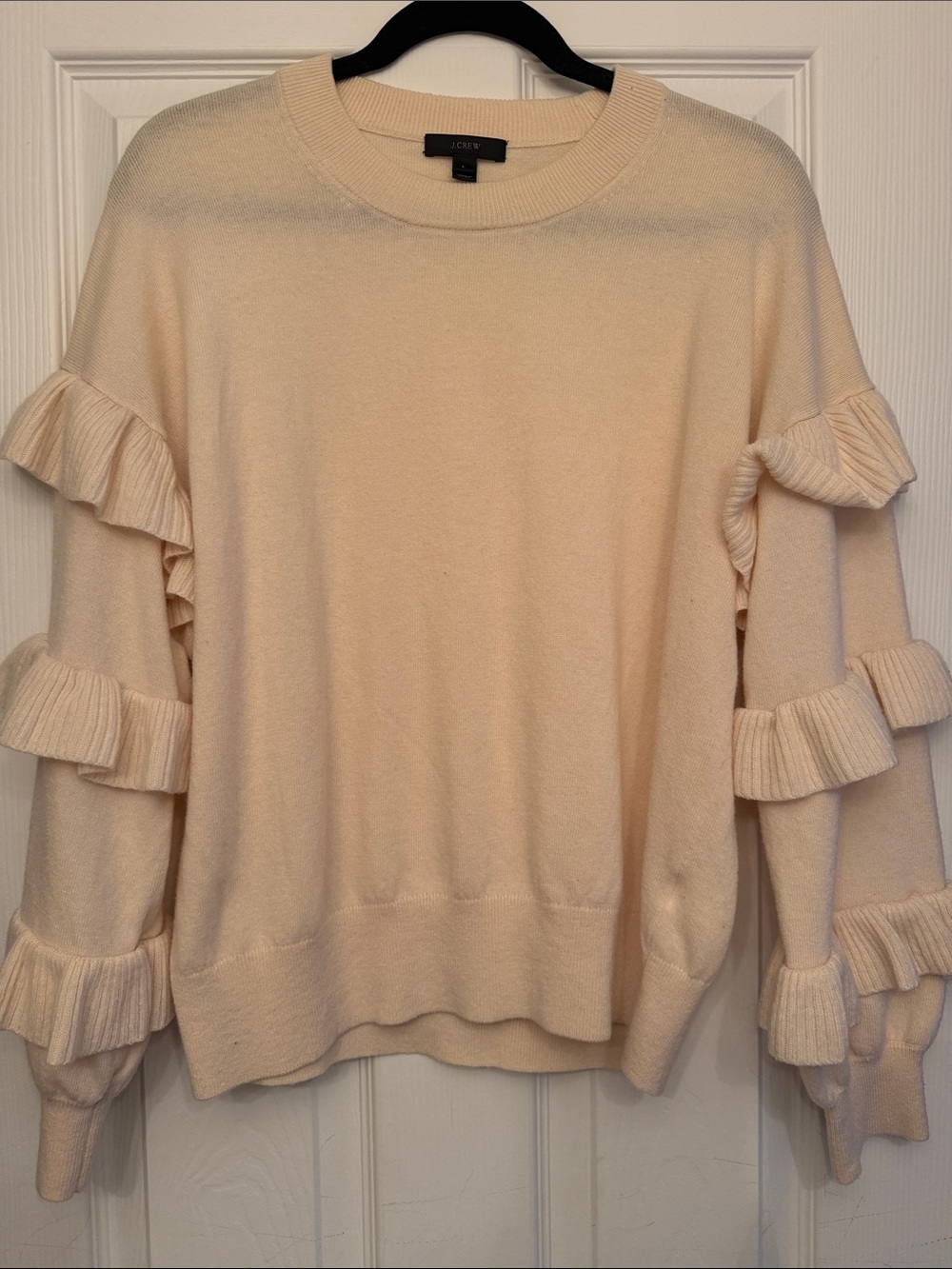 J. Crew Cream Ruffle-Sleeve Crewneck Sweater